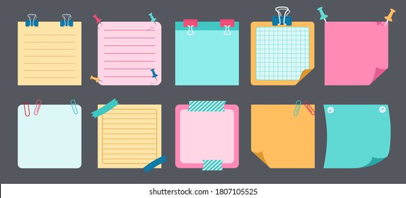 Paper sticky note flat set. Blank notes with elements of planning. Notebook collection with curled corners, push pins. Various tag business office, writing reminds. Isolated vector illustration