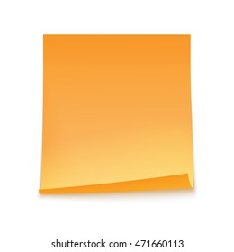 Paper sticky note orange colored sheet with curled corner. Vector illustration. Isolated on white background.