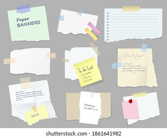 Paper sticky notes, banners, to do list or memo messages, notepads and torn paper sheets. Blank vector notepaper of meeting reminder, office notice or information board with appointment notes set