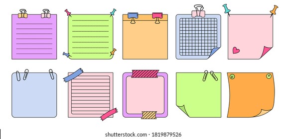 Paper Sticky Notes With Elements Planning Set. Blank Notes Memo Messages. Notebook Collection With Curled Corners, Push Pins. Various Linear Tag Business Office, Writing Reminds. Isolated Vector