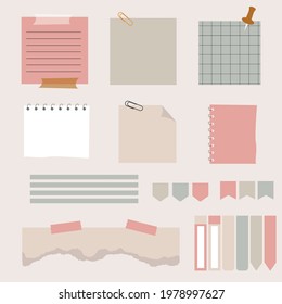 Paper sticky notes with elements planning set. Blank notes memo messages. Notebook collection with curled corners, push pins. Various linear tag business office, writing reminds. Isolated vector