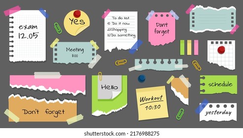 Paper sticky notes. Memo board with notepad tapes. Notebook torn pages. Ragged paper and bulletin pad. Notice list. Attached notepaper. Stationery clips. Vector reminder stickers set