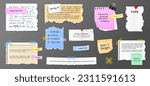 Paper sticky notes, memo messages, notepads and torn paper sheets with clip binders and pins. Blank notepaper of meeting reminder, to do list and office notice. Information board. Vector.
