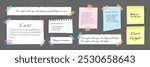 Paper sticky notes. Memo messages. Notepads and torn paper sheets. Blank notepaper of meeting reminder, to do list and office notice.