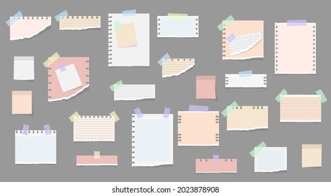 Paper sticky notes, memo messages, notepads and pieces torn paper sheets. Notebook, multi colored sheets and pieces. different notes on sticky tape and binder clips, reminder card. Vector illustration