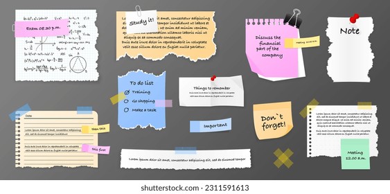 Paper sticky notes, memo messages, notepads and torn paper sheets with clip binders and pins. Blank notepaper of meeting reminder, to do list and office notice. Information board. Vector.