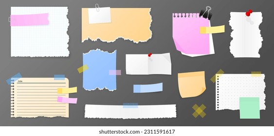 Notas pegajosas de papel, mensajes memo, notas y hojas de papel rotas con aglutinantes y pines de clip. Cartel en blanco del recordatorio de reunión, para hacer lista y aviso de oficina. Consejo de información. Vector.