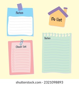 Paper sticky notes, memo messages, notepads and torn paper sheets. Blank notepaper of meeting reminder, to do list and office notice or information board with appointment notes. 