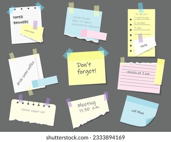 Paper sticky notes, memo messages, notepads and torn paper sheets on a grey background. Blank notepaper of meeting reminder, to do list and office notice. Vector