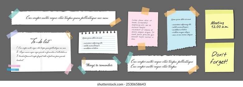 Paper sticky notes. Memo messages. Notepads and torn paper sheets. Blank notepaper of meeting reminder, to do list and office notice.