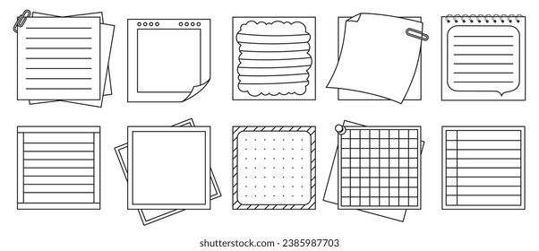 Notas pegajosas de papel, juego de contornos de los Notepaper Sticker Notepads. Publicaciones de la lista de hojas, página de copybook alineada o cuadrícula. Elementos de estatización planificando educación escribiendo organizador en blanco. Ilustración vectorial aislada