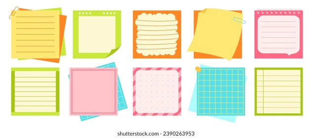 Paper sticky notes, Notepaper Sticker Notepads set. Sheet list posts, copybook page lined or grid. Stationery elements planning education writing blank organizer. Isolated cartoon vector illustration