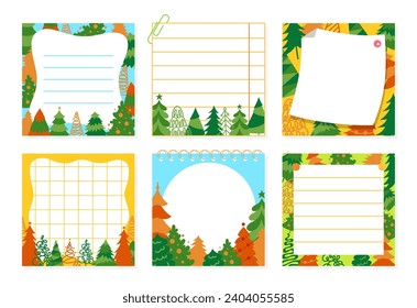 Notas pegajosas de papel, Notepaper Sticker Notepads con diseño de árbol de Navidad. Cuadrícula de la lista de hojas alineada. Elementos de estacionería planificando la educación organizador en blanco. Ilustración vectorial de dibujos animados aislados