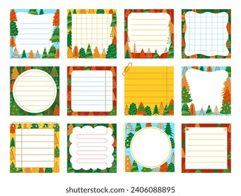 Paper sticky notes, Notepaper Sticker Notepads set with Christmas tree design. Sheet list page lined grid. Stationery elements planning education blank organizer. Isolated cartoon vector illustration