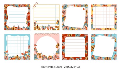 Paper sticky notes, Notepaper Sticker Notepads set with butterfly. Sheet list copybook page lined grid. Stationery elements planning education blank organizer. Isolated cartoon vector illustration