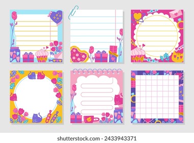 Paper sticky notes, Notepaper Sticker Notepads set with Valentine's Day elements. Stationery planning organizer. Sheet list copybook page lined grid and romantic memory drawings. Vector illustration