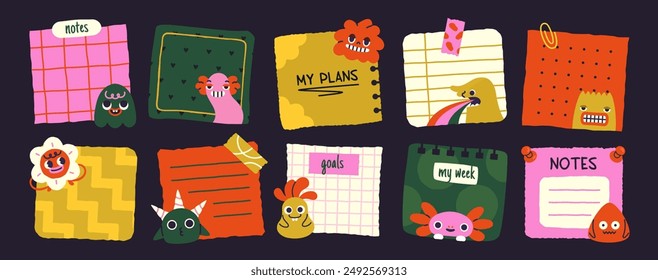 Paper sticky notes. Reminder notes with funny doodle characters. Stickers with memo messages for university and work. Planning and scheduling. Flat vector illustration set isolated on background