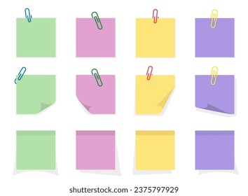 Paper sticky notes set. Curled memo sheets attached with push pin. Yellow, green, pink sticker for message, schedule reminder, school notice. vector