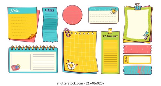 Paper sticky notes, stickers, to do list or memo messages. Notepads and torn sheets, blank pages of meeting reminder, office notice or information board for appointment notificaton Cartoon vector set