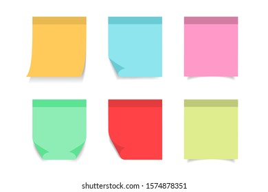 Paper sticky post note with red, blue, orange, yellow, pink color. Memo sticker for notepad, board, advertising. Attached paper sheet blank. Post note sticker on isolated background. vector isolated