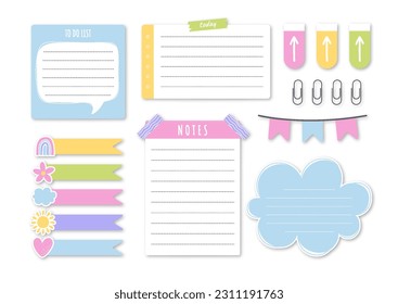 Paper sticky set vector concept. Organization of effective educational process. Bookmarks pack for kids. Training and learning, reading. Cartoon flat vector collection isolated on white background