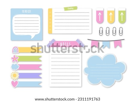 Paper sticky set vector concept. Organization of effective educational process. Bookmarks pack for kids. Training and learning, reading. Cartoon flat vector collection isolated on white background