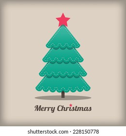 paper stitched Christmas tree with red star on light brown background. vector.