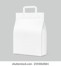 Paper stitched packaging bag with handle mockup. Half side view. Vector illustration isolated on grey background. Ready for use in presentation, promo, advertising and more. EPS10.