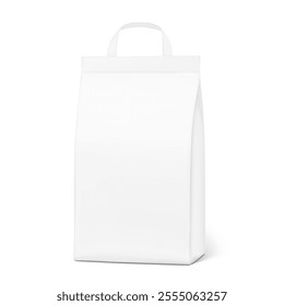 Paper stitched packaging bag with handle mockup. Half side view. Vector illustration isolated on white background. Ready for use in presentation, promo, advertising and more. EPS10.