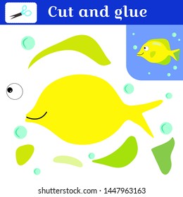 Paper stitches game for preschoolers. Puzzle - applique. Cut out and glue. Handmade to create a fish. Yellow fish and blue bubbles. Learning card. Vector illustration.