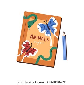 Paper storybook with stories, tales about animals for kids' reading. Childish coloring book with decorated cover and pencil, crayon. Textbook and stationery. Flat isolated vector illustration on white