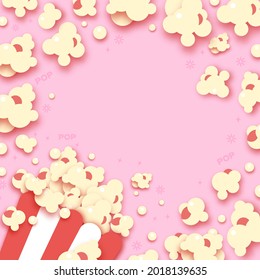 Paper striped bucket. Cup with tasty popcorn paper cut style. Pink Background. Space for text