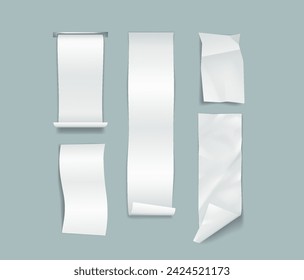 Paper strips for bills realistic vector illustration set. Cut blank checks from store templates. Payment control 3d on transparent background