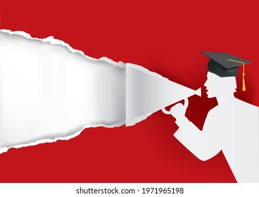 Paper student, graduate with megaphone.
Red paper background with Paper silhouette of graduate holding a megaphone.Place for your text or image. Vector available.