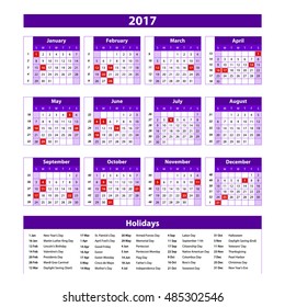 Paper Style 2017 Full Calendar Template - Promotion Poster Vector Design, Week Starts Sunday art