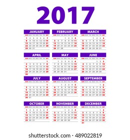 Paper Style 2017 Full Calendar Template - Promotion Poster Vector Design, Week Starts Sunday violet art
