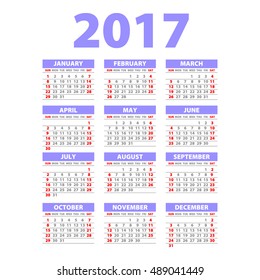 Paper Style 2017 Full Calendar Template - Promotion Poster Vector Design, Week Starts Sunday violet art