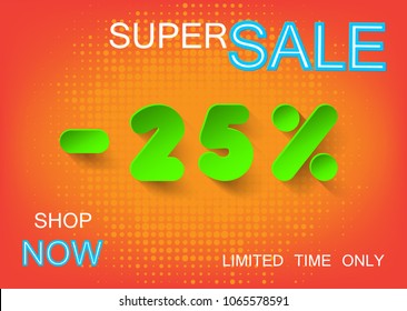 Paper style 25 percent sale. Decorative paper number with 3d effect. Vector illustration.