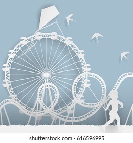 Paper Style Art - An Amusement Park, Fun, A Ferris Wheel, A Roller Coaster And A Boy With A Kite.