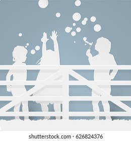 Paper style of art - children play with soap bubbles, a fence on the ranch. Vector illustration.