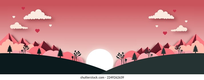 Paper Style Beautiful Nature Landscape Background With Sunlight. Happy Valentines Day Concept. 