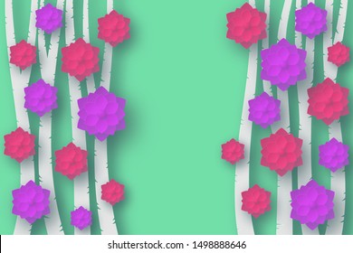 Paper style cut in layers. Trunks of trees on a light green background. Red and purple voluminous flowers. With the shadows.