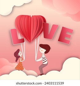 Paper Style Greeting Card with Love Font , Layered Heart and Cute Kids Couple on Cloudy Pastel Red Background. Happy Valentine's Day Concept.