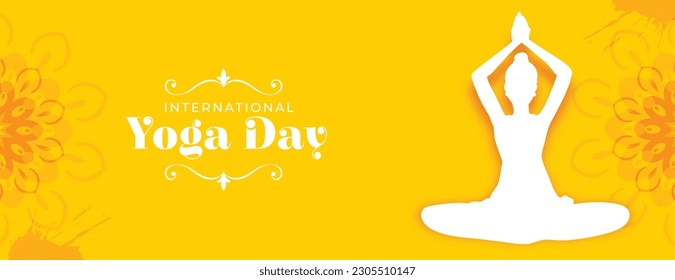paper style international yoga day yellow poster for promoting health and relaxation vector