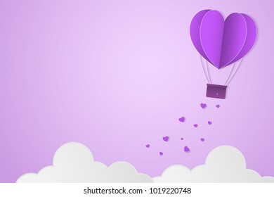 Paper Style love of valentine day violet tone , balloon flying over cloud with heart float on the sky, couple honeymoon or gay lover , vector illustration background