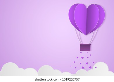 Paper Style love of valentine day violet tone , balloon flying over cloud with heart float on the sky, couple honeymoon or gay lover , vector illustration background