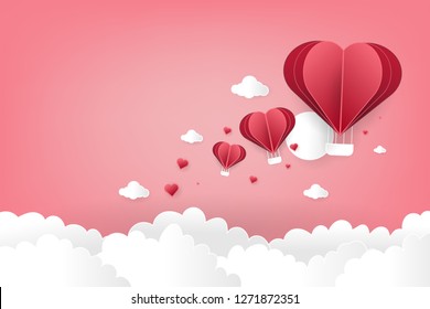 Paper Style love of valentine day , balloon flying over cloud with heart float on the sky, couple honeymoon , vector illustration background.