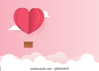 Paper Style love of valentine day , balloon flying over cloud with heart float on the sky, couple honeymoon with copy space , vector illustration background