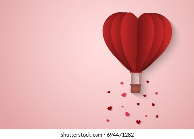 Paper Style love of valentine day , balloon flying over cloud with heart float on the sky, couple honeymoon , vector illustration background