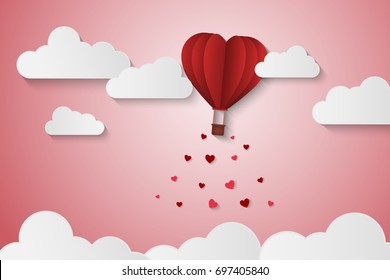 Paper Style love of valentine day , balloon flying over cloud with heart float on the sky, couple honeymoon , vector illustration background
